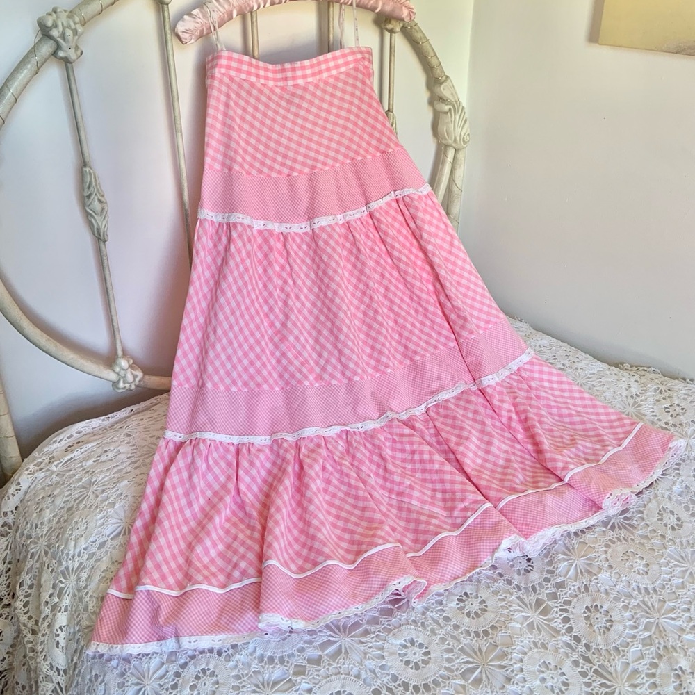 Vintage pink and white gingham prairie maxi skirt